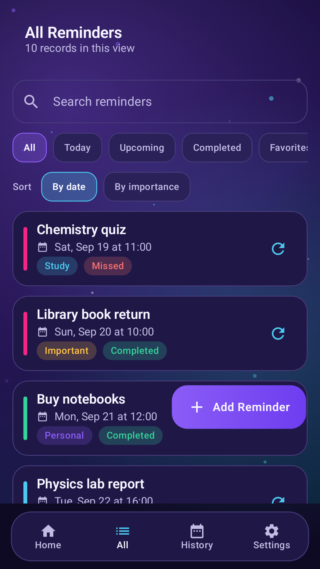 Reminder Light all reminders screen