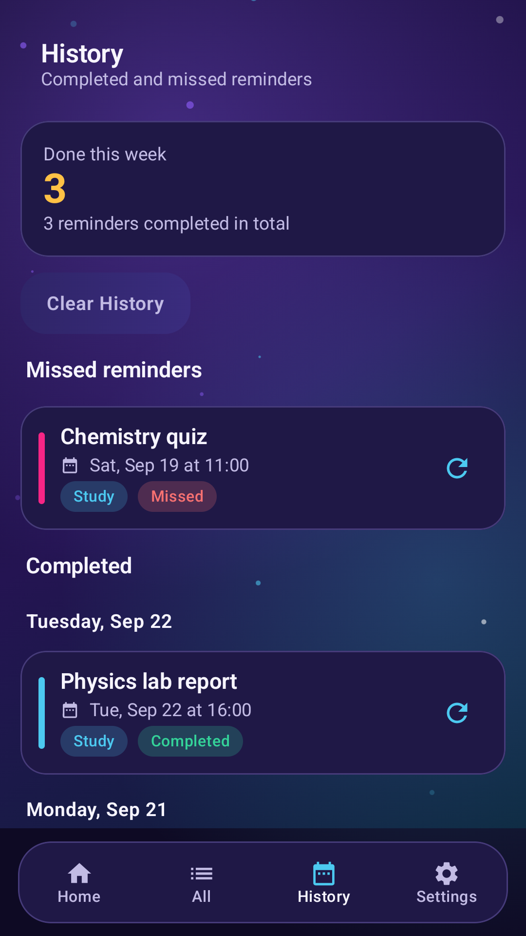 Reminder Light history screen